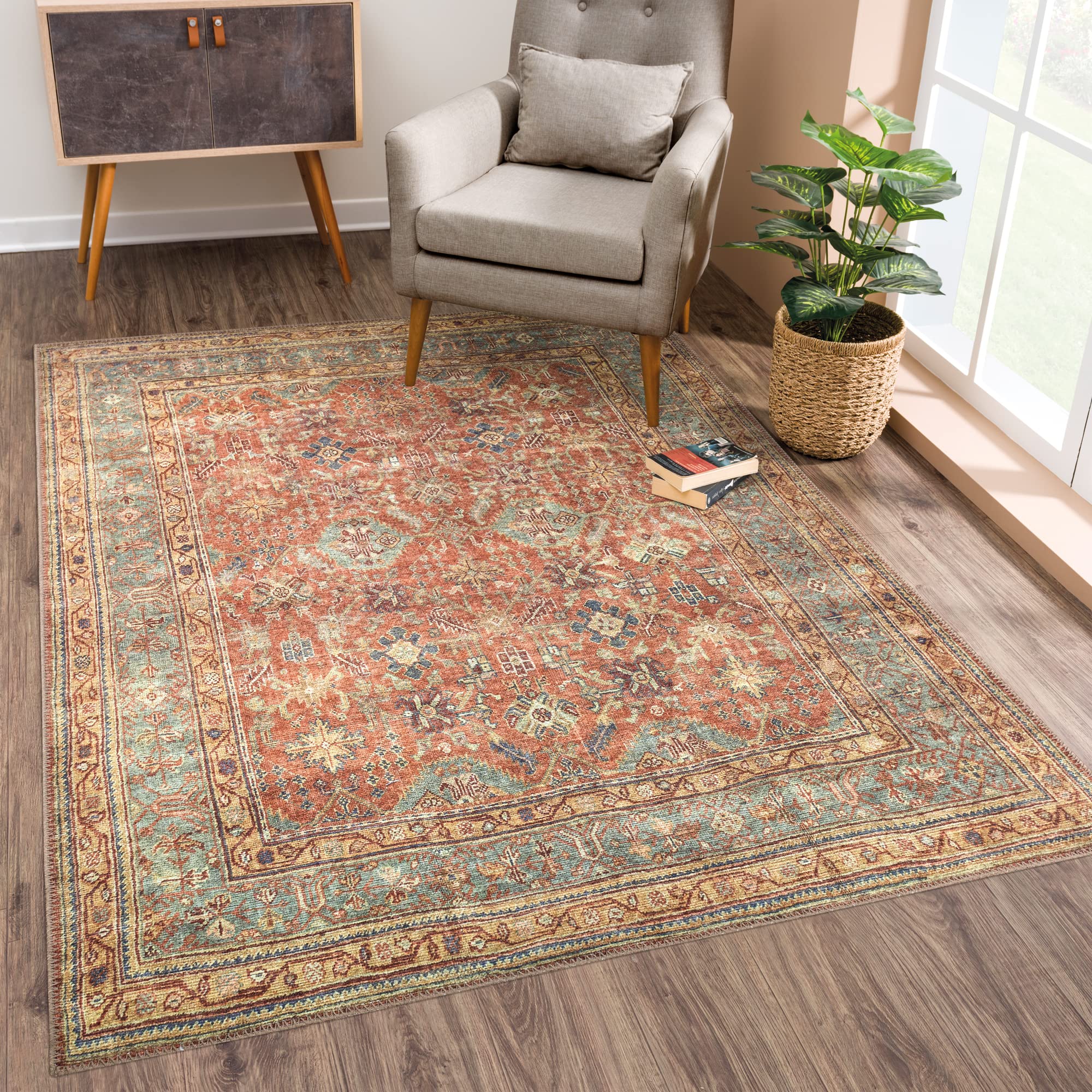 Bloom Rugs Washable Non-Slip 8' x 10' Rug - Terracotta/Mustard Traditional Area Rug for Living Room, Bedroom, Dining Room, and Kitchen - Exact size: 8' x 10'