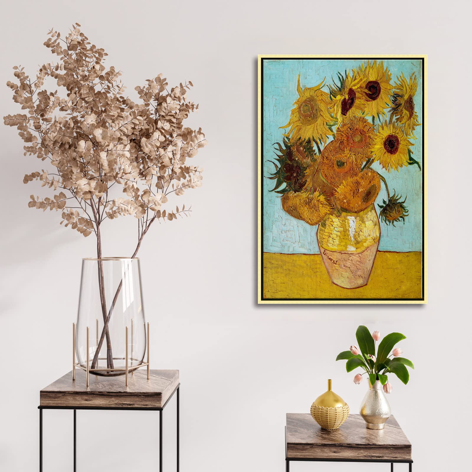 Wieco Art Framed Canvas Wall Art Size L Sunflower by Vincent Van Gogh Oil Paintings Reproduction Abstract Wall Decorations for Living Room Golden Frame Home Decorations