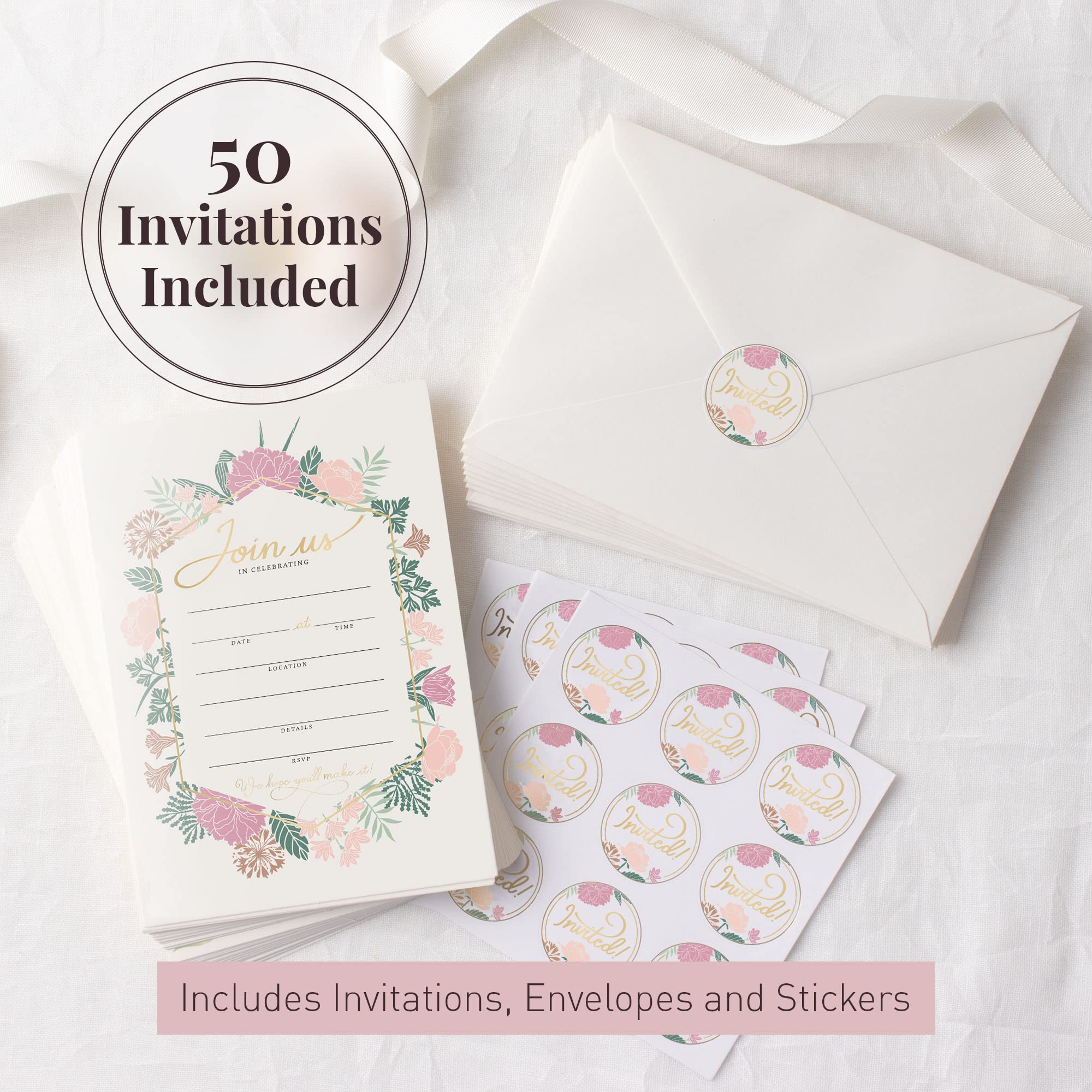 Rileys & Co. Invitation Cards with Envelopes and Bonus Stickers,50 Count, Blank Cards with Envelopes, Anniversery Invitation Cards, Floral Party Invitations for Wedding, Baby Shower, 7x5 Inches