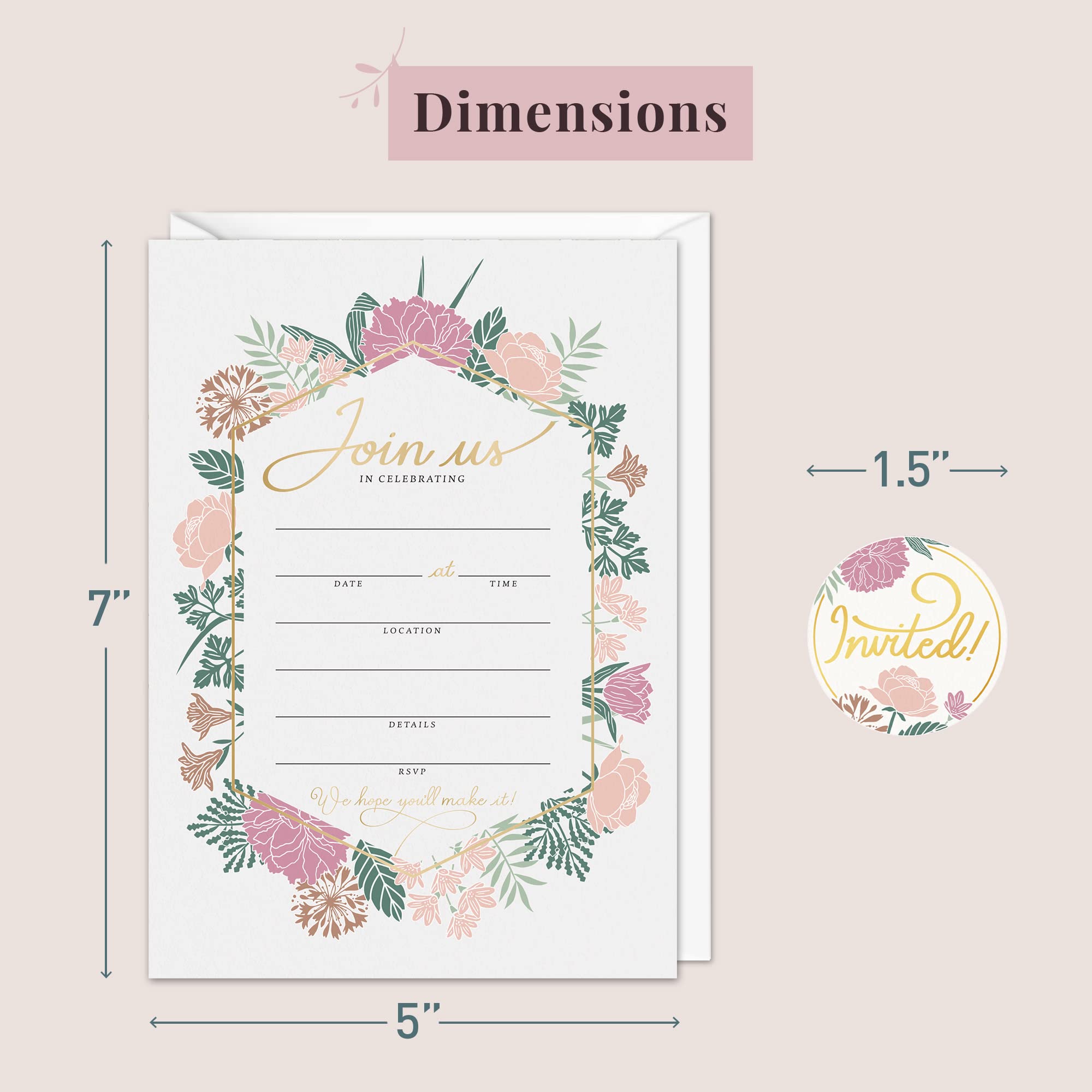 Rileys & Co. Invitation Cards with Envelopes and Bonus Stickers,50 Count, Blank Cards with Envelopes, Anniversery Invitation Cards, Floral Party Invitations for Wedding, Baby Shower, 7x5 Inches