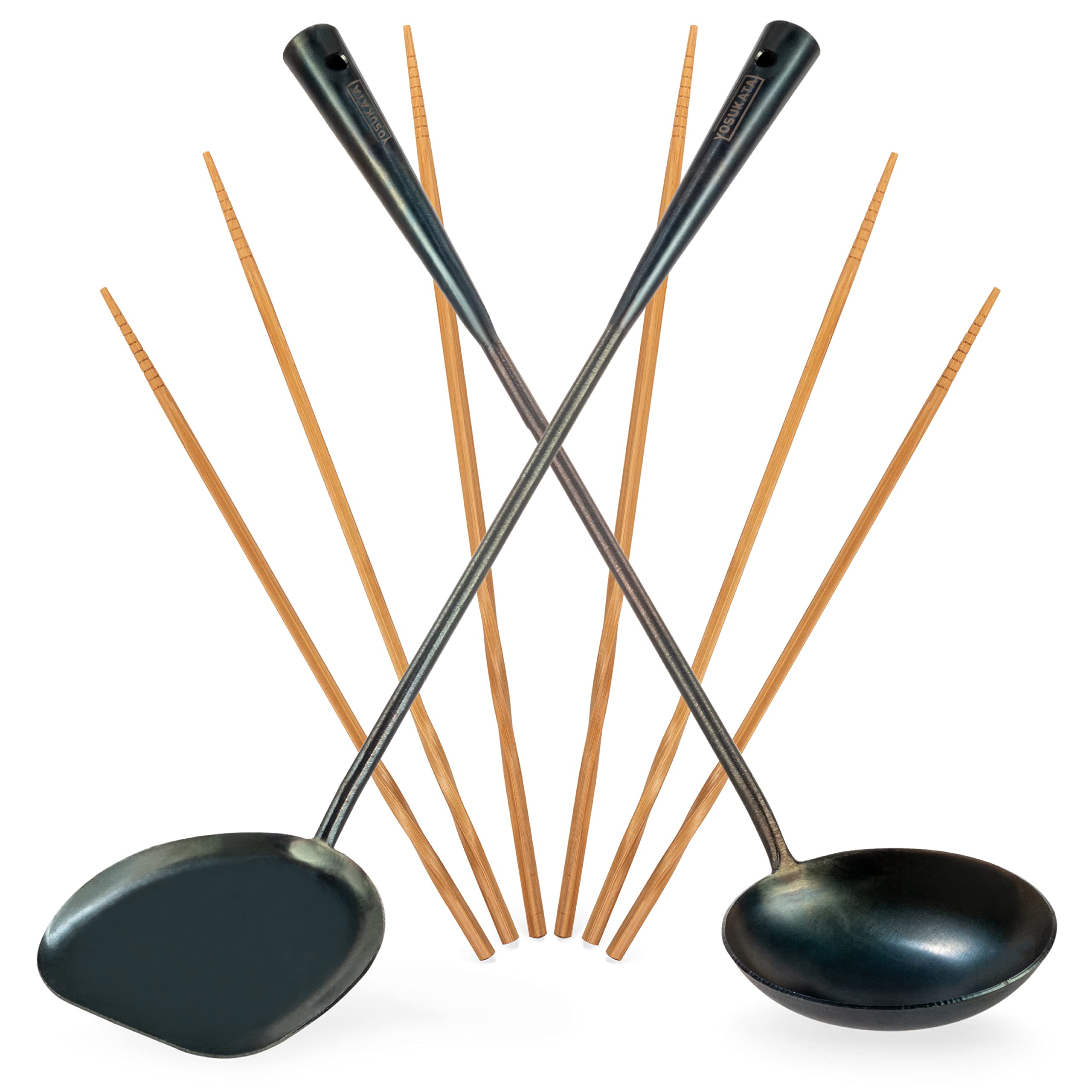 YOSUKATA Pre-Seasoned Wok Utensils Set - Blue Carbon Steel 17-inch Wok Spatula, Wok Ladle, 3 pairs of Chopsticks - Durable Wok Accessories - Traditional Asian Cooking Tools - Wok Tools