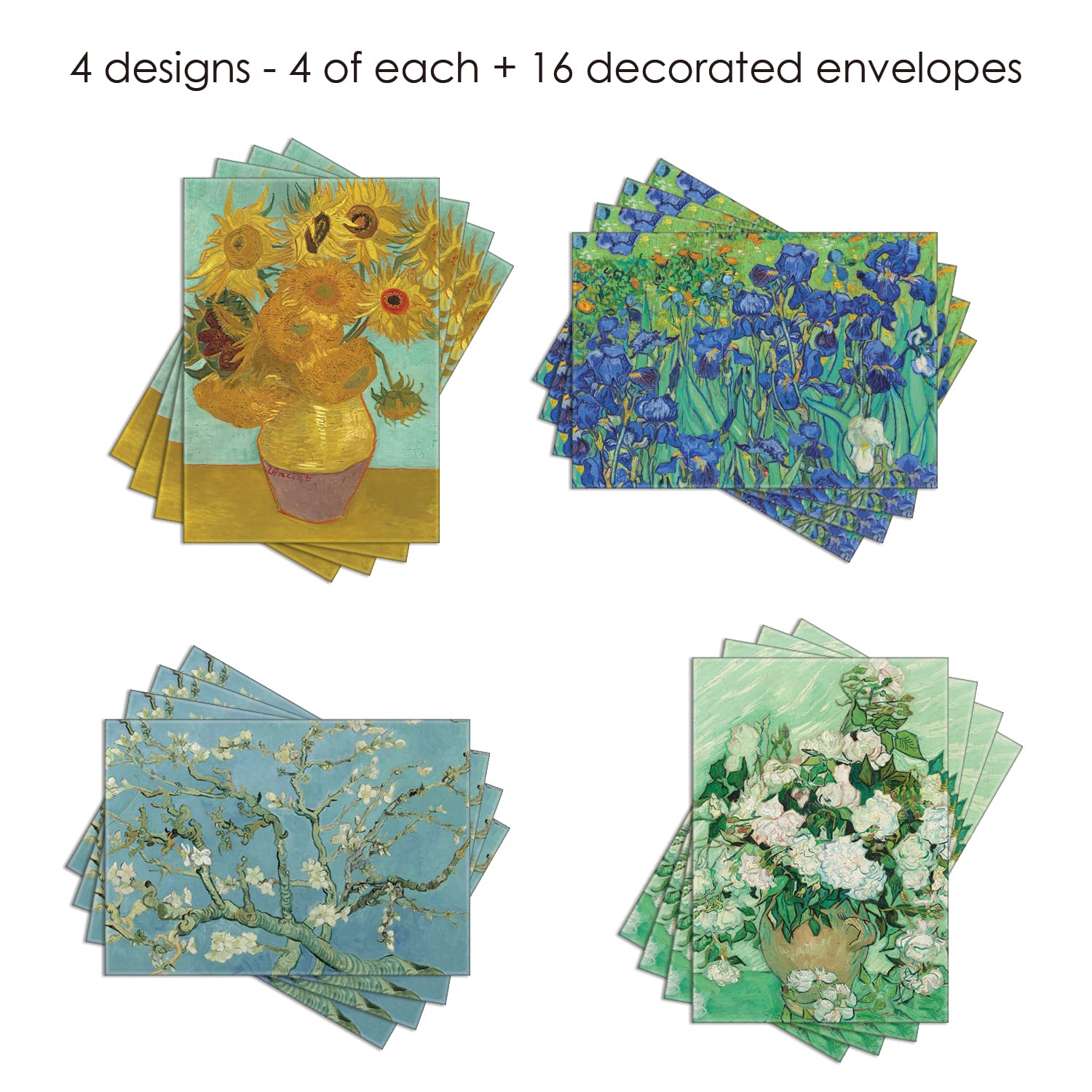 RainCaper Fine Art Keepsake 5x7 Blank Stationery van Gogh Greeting Note Cards With Decorative Envelopes, Gift Boxed Set of 16 | 300 GSM Cardstock (van Gogh Flowers)