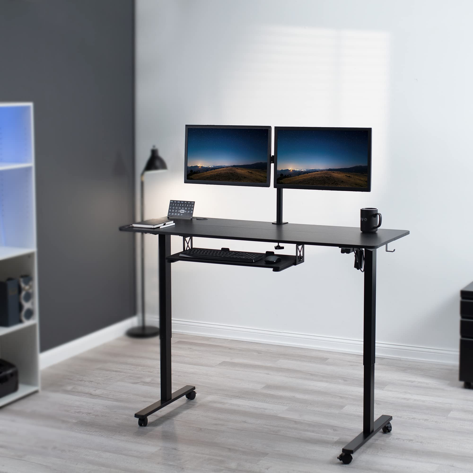 VIVO Electric Height Adjustable 60 x 24 inch Mobile Stand Up Desk, Complete Active Workstation with 2 Section Black Table Top, Black Frame, Keyboard Tray, 2 Accessory Hooks, DESK-E-P60KB