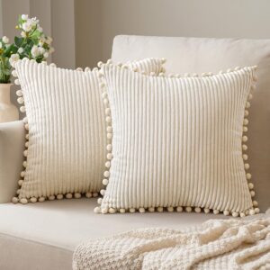 anroduo pack of 2 cream white boho decorative pillow covers with pom-poms pillow covers 18x18 corduroy cushion case cute and soft square throw pillows for bed couch sofa living room fall home decor