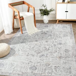 jinchan Area Rug 8x10 Washable Rug Vintage Rug Indoor Thin Rug Gray Retro Accent Rug Distressed Carpet Grey Floral Country Boho Rug Non Slip Kitchen Bedroom Living Room Dining Room Office