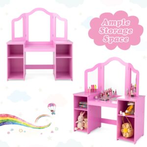 INFANS Kids Vanity, 2 in 1 Princess Makeup Desk & Chair Set with Tri-Folding Detachable Mirror, Large Storage Shelves, Wooden Pretend Play Dressing Table for Girls