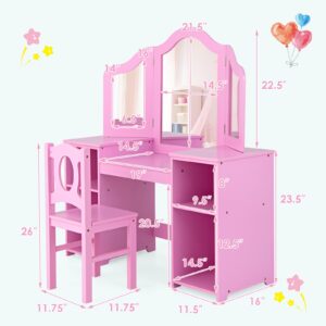 INFANS Kids Vanity, 2 in 1 Princess Makeup Desk & Chair Set with Tri-Folding Detachable Mirror, Large Storage Shelves, Wooden Pretend Play Dressing Table for Girls