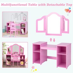 INFANS Kids Vanity, 2 in 1 Princess Makeup Desk & Chair Set with Tri-Folding Detachable Mirror, Large Storage Shelves, Wooden Pretend Play Dressing Table for Girls