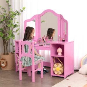 INFANS Kids Vanity, 2 in 1 Princess Makeup Desk & Chair Set with Tri-Folding Detachable Mirror, Large Storage Shelves, Wooden Pretend Play Dressing Table for Girls