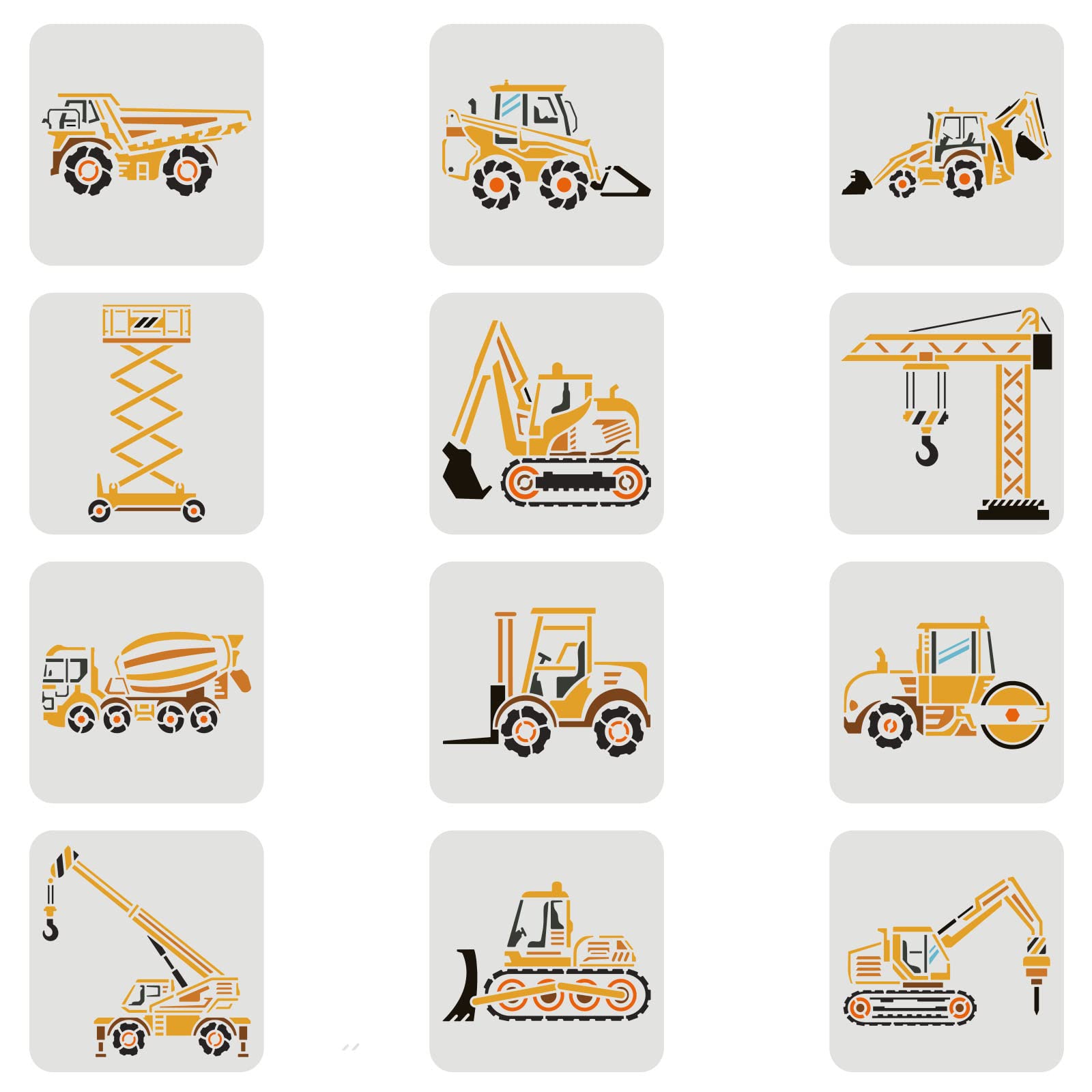 FINGERINSPIRE 12 Pcs Construction Vehicle Stencils 7.9x7.9 inch Reusable Truck Stencils Plastic Forklifts Excavators Cranes Mixers Pattern Stencil Reusable Construction Vehicle Stencil for Painting