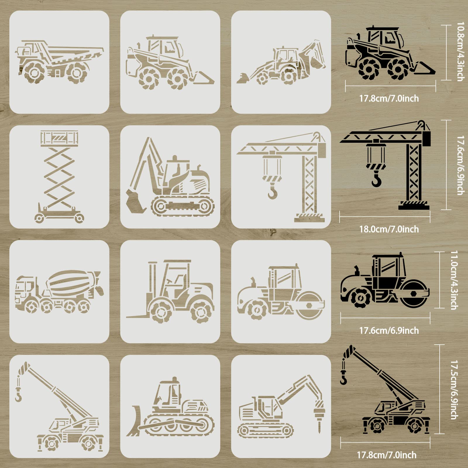 FINGERINSPIRE 12 Pcs Construction Vehicle Stencils 7.9x7.9 inch Reusable Truck Stencils Plastic Forklifts Excavators Cranes Mixers Pattern Stencil Reusable Construction Vehicle Stencil for Painting