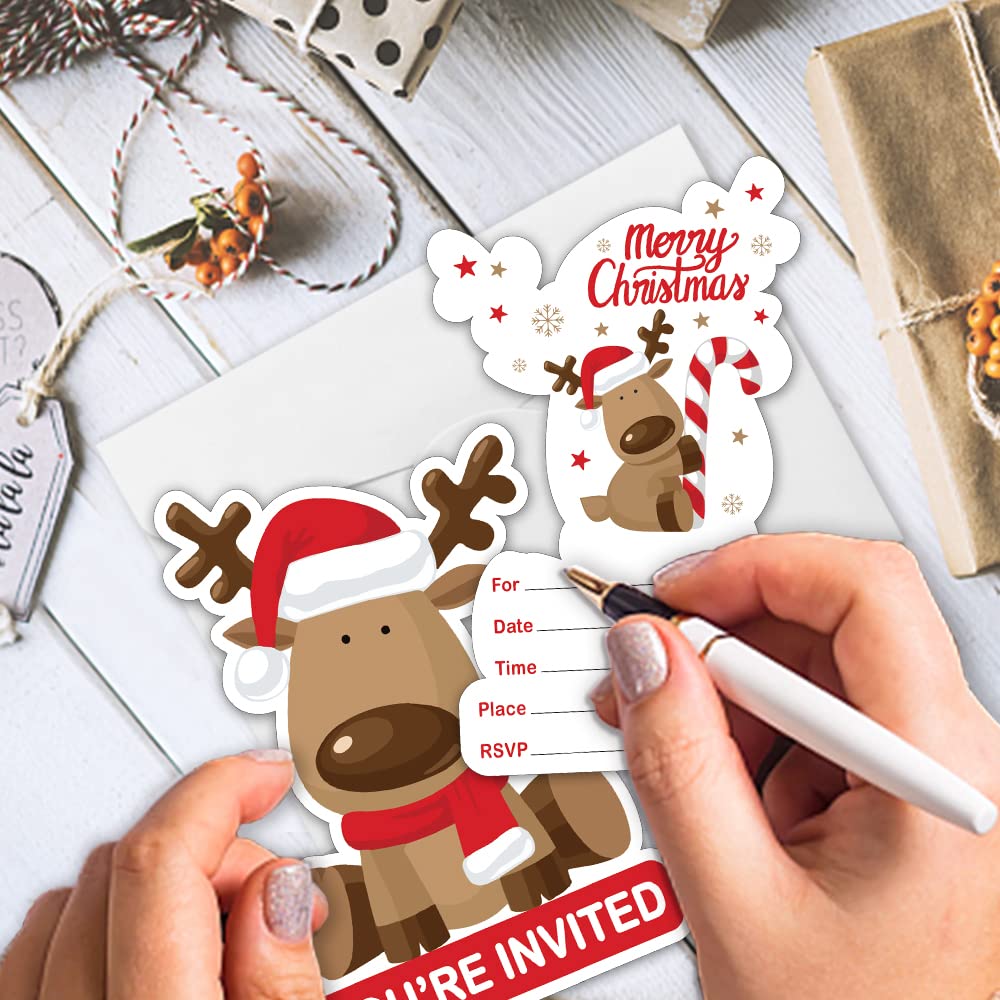 REWIDPARTY Christmas Elk Party Invitation Cards with Envelopes（Set of 15） Merry Christmas Shaped Fill-in Invitations Christmas Party Supplies Decorations Party Celebration Cards for Kids Teens Adults