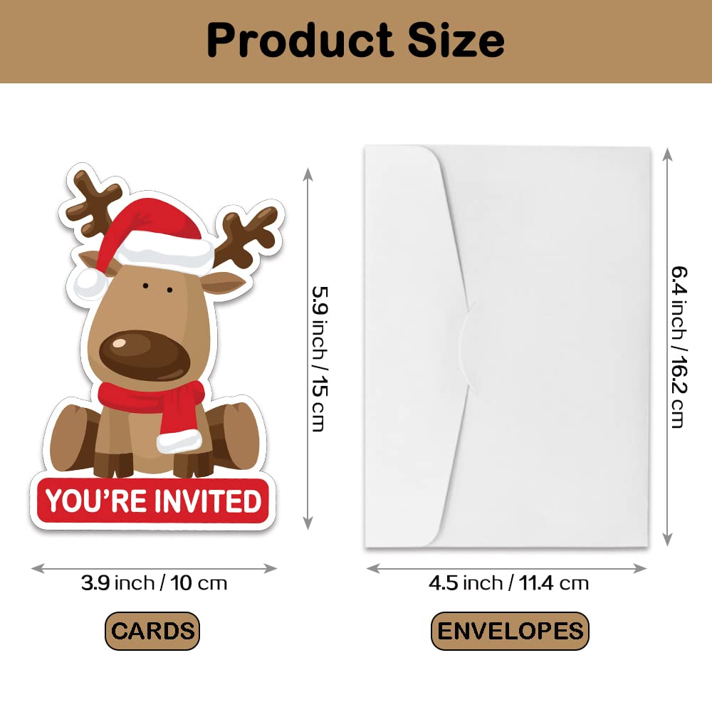 REWIDPARTY Christmas Elk Party Invitation Cards with Envelopes（Set of 15） Merry Christmas Shaped Fill-in Invitations Christmas Party Supplies Decorations Party Celebration Cards for Kids Teens Adults