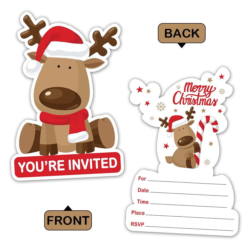 REWIDPARTY Christmas Elk Party Invitation Cards with Envelopes（Set of 15） Merry Christmas Shaped Fill-in Invitations Christmas Party Supplies Decorations Party Celebration Cards for Kids Teens Adults