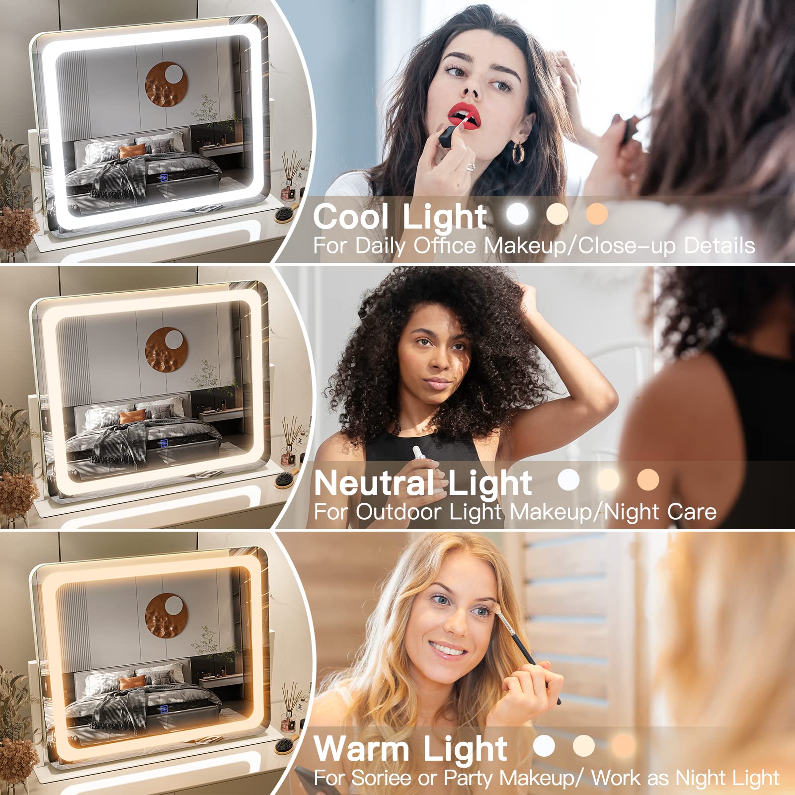 FENNIO Vanity Mirror with Lights 22''x19'' Makeup Mirror with Lights,Vanity Mirror Touch Screen with 3-Color Lighting,Dimmable,for Vanity Desk Tabletop