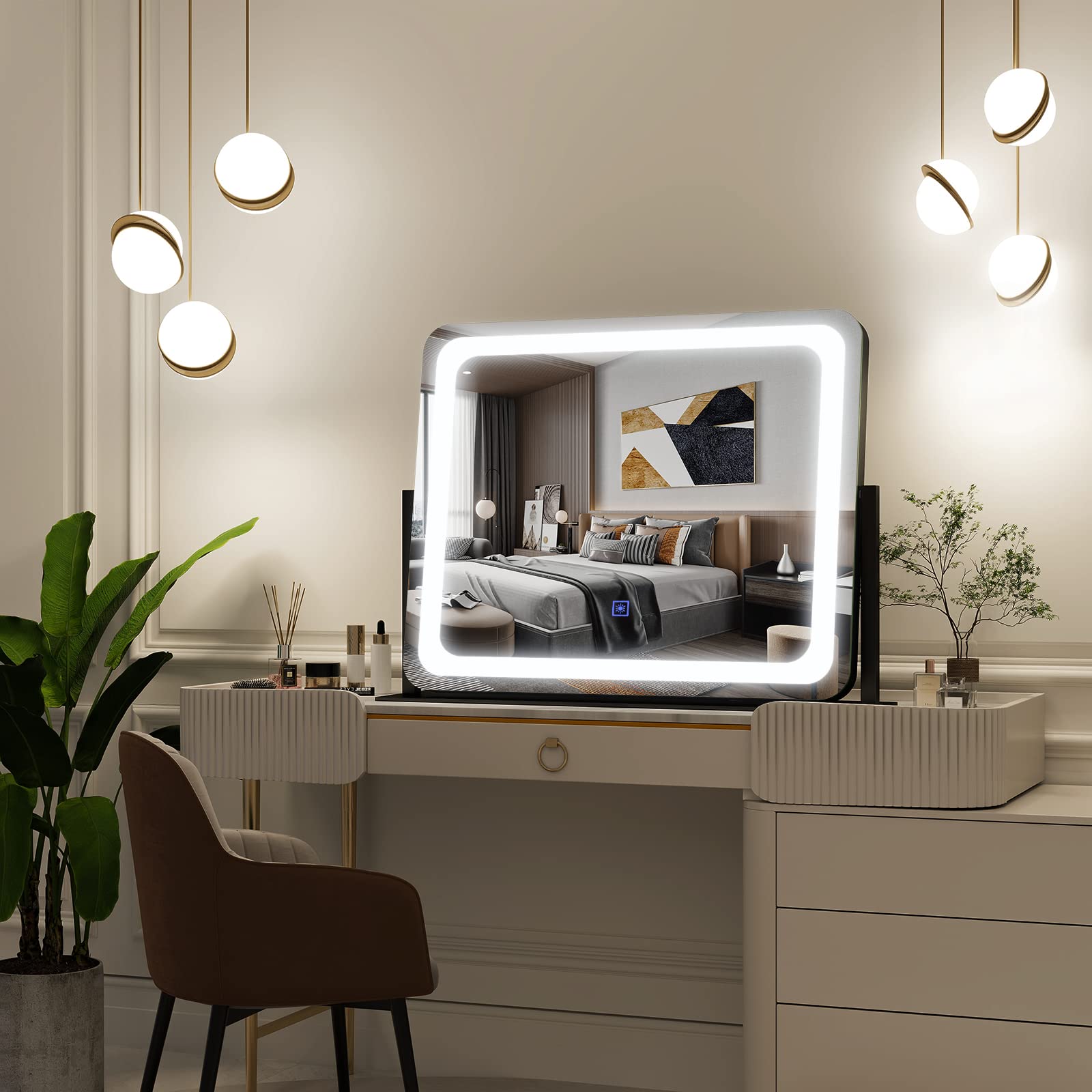 FENNIO Vanity Mirror with Lights 22"x19",LED Lighted Makeup Mirror,Large Makeup Mirror with Lights,Touch Screen with 3-Color Lighting,Led Mirror Makeup,Dimmable,for Vanity Desk Tabletop,Bedroom