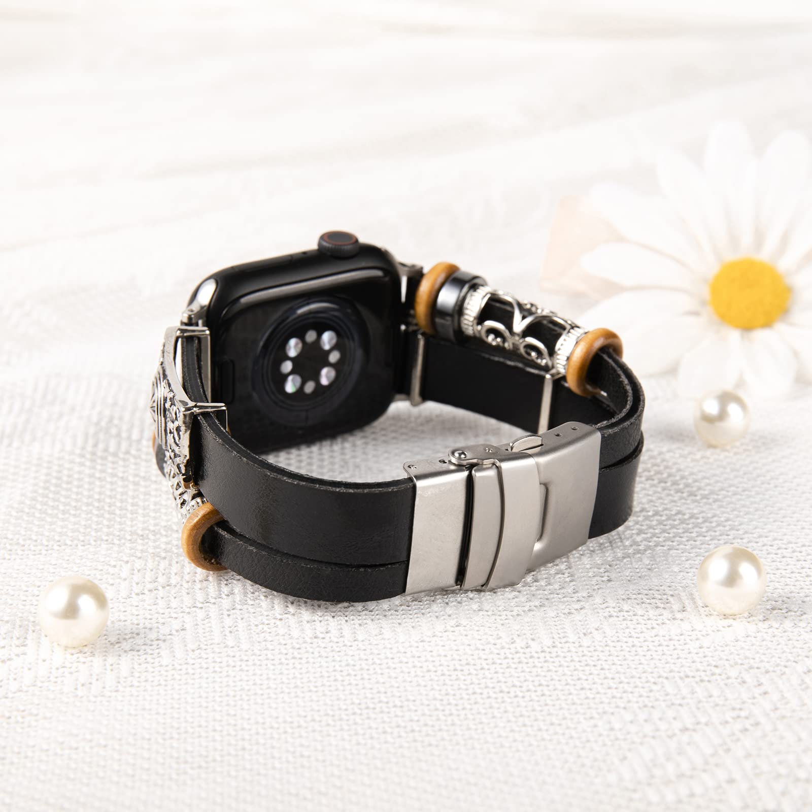 BOVIPO Compatible with Apple Watch Band 45mm 44mm 42mm 41mm 40mm 38mm 49mm, Black-X, 38/40/41 mm