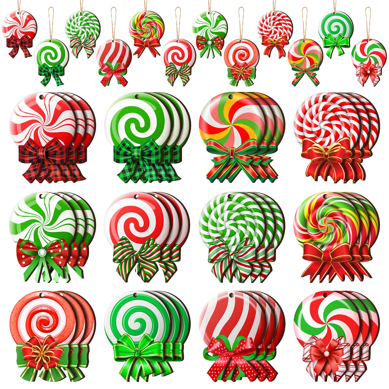 36 Pcs Peppermint Christmas Tree Ornaments Colorful Peppermint Wood Ornaments Lollipop Candy Christmas Ornaments Hanging Peppermint Tree Decorations with Ropes for Candy Party Xmas Tree (Classic)