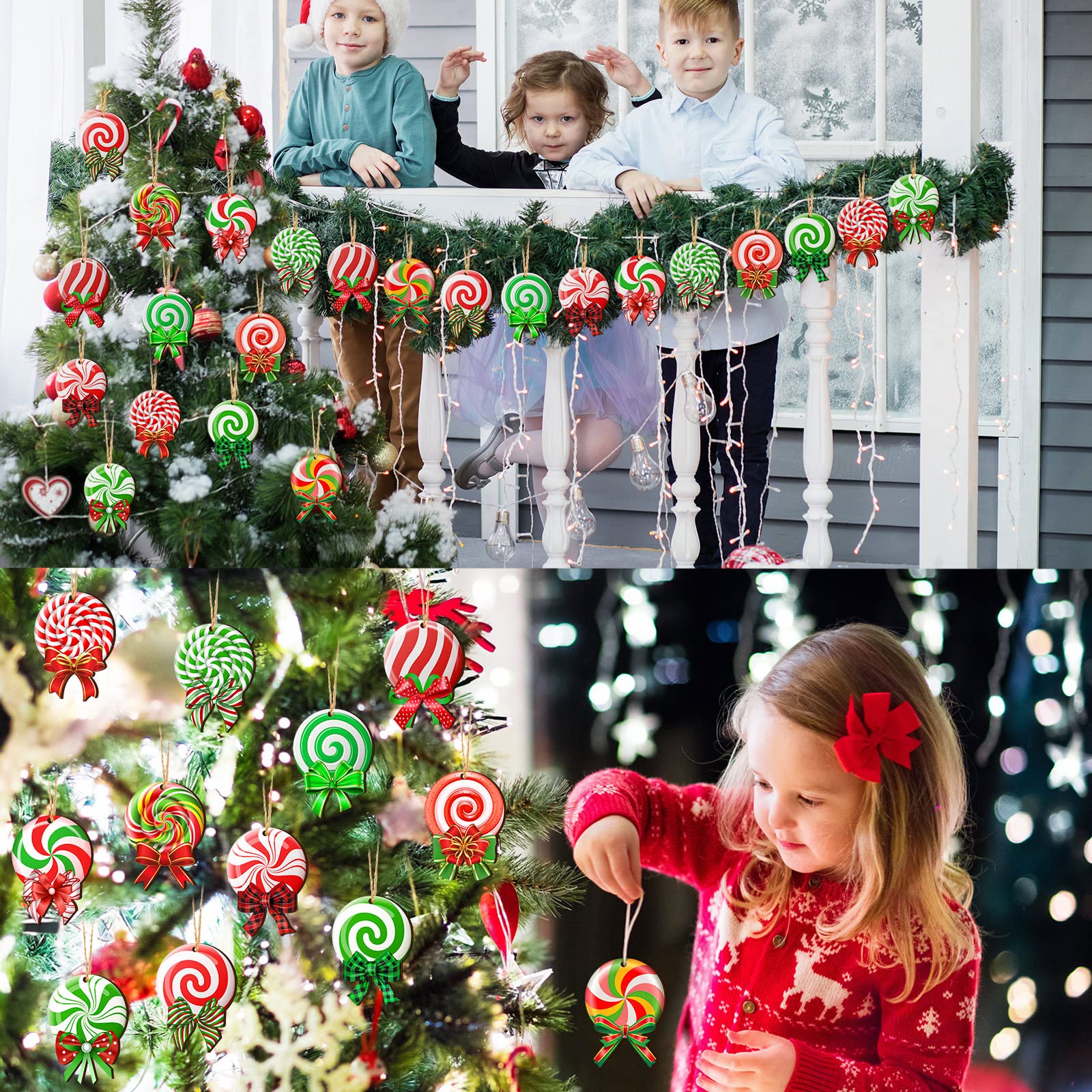 36 Pcs Peppermint Christmas Tree Ornaments Colorful Peppermint Wood Ornaments Lollipop Candy Christmas Ornaments Hanging Peppermint Tree Decorations with Ropes for Candy Party Xmas Tree (Classic)