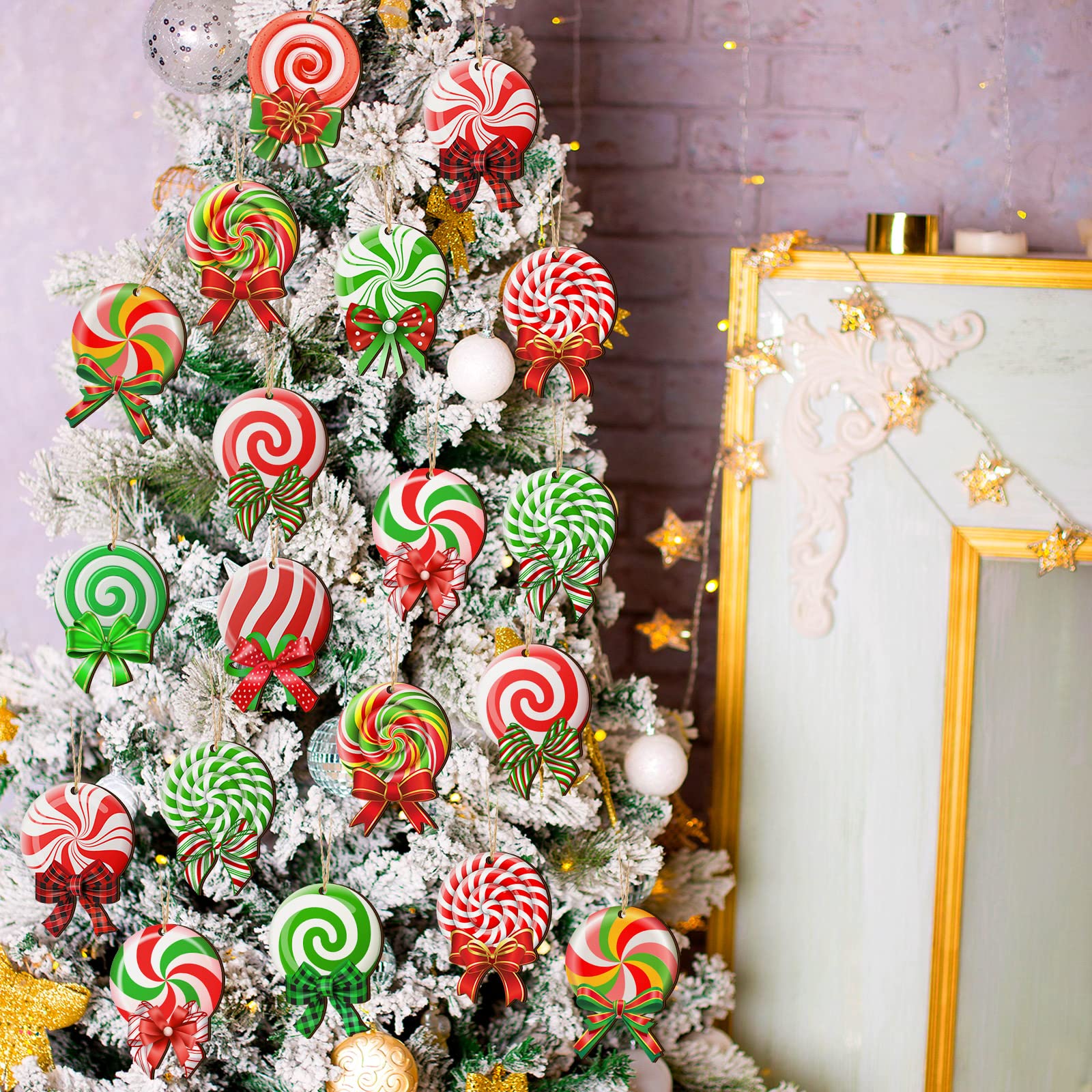 36 Pcs Peppermint Christmas Tree Ornaments Colorful Peppermint Wood Ornaments Lollipop Candy Christmas Ornaments Hanging Peppermint Tree Decorations with Ropes for Candy Party Xmas Tree (Classic)