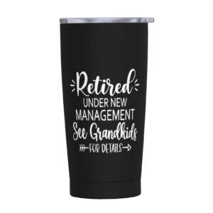 Wisedeal Retired Under New Management Stainless Steel with Lid Insulated Tumbler Coffee Mug, Retirement Christmas Birthday Gifts Mug For Grandma Grandpa Uncle Dad Mom Aunt, Black 20 Oz