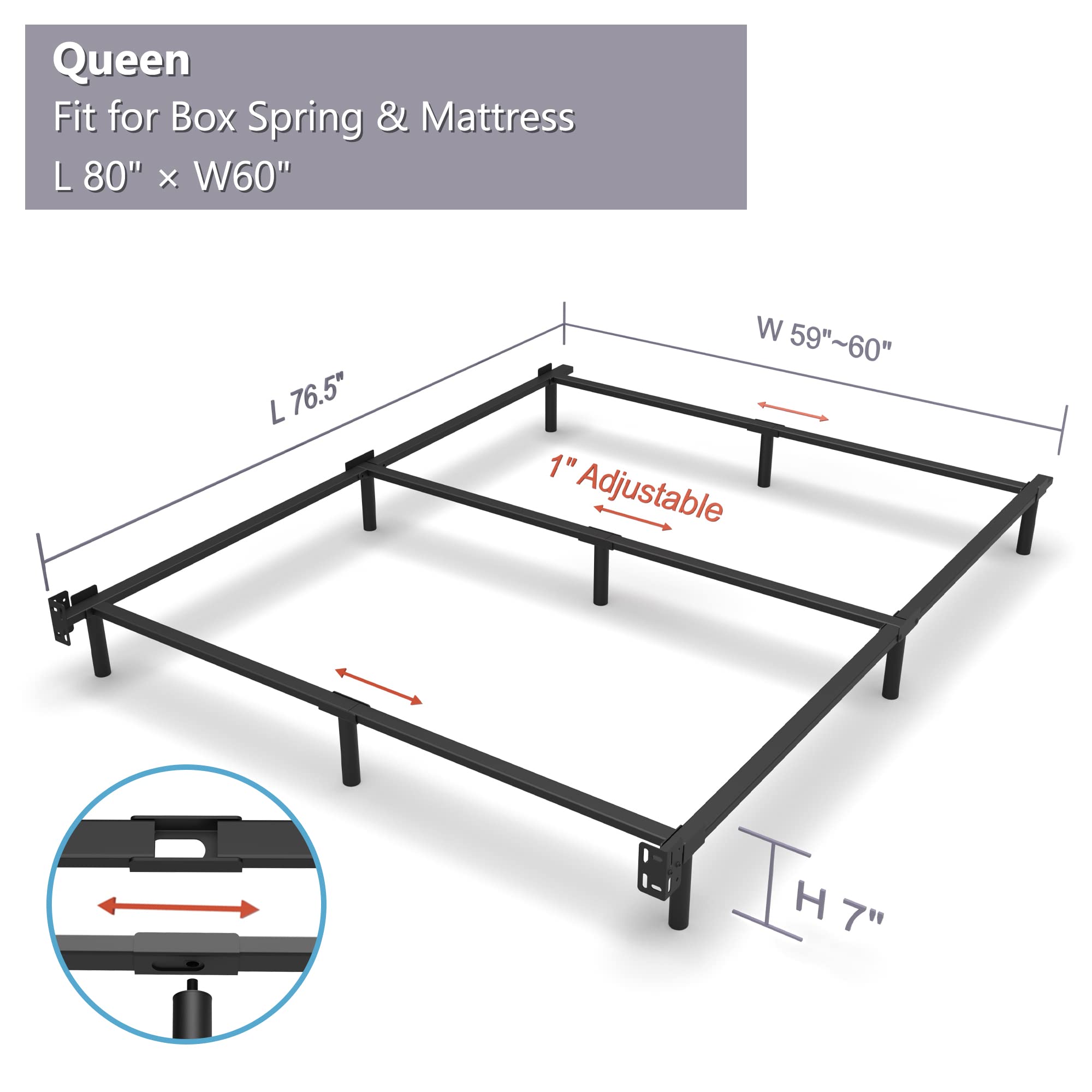 EMODA 7 Inch Metal Queen Bed Frame for Box Spring and Mattress, 9 Legs Support Metal Base Bedframe Tool-Free and Easy Assembly, Black