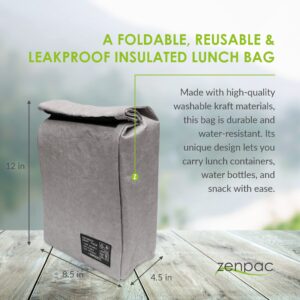 ZENPAC Insulated Lunch Containers, Washable Lunch Bags, Reusable Sandwich Tote with Foldover Top and Square Bottom, 8.5x4.5x12, Silver