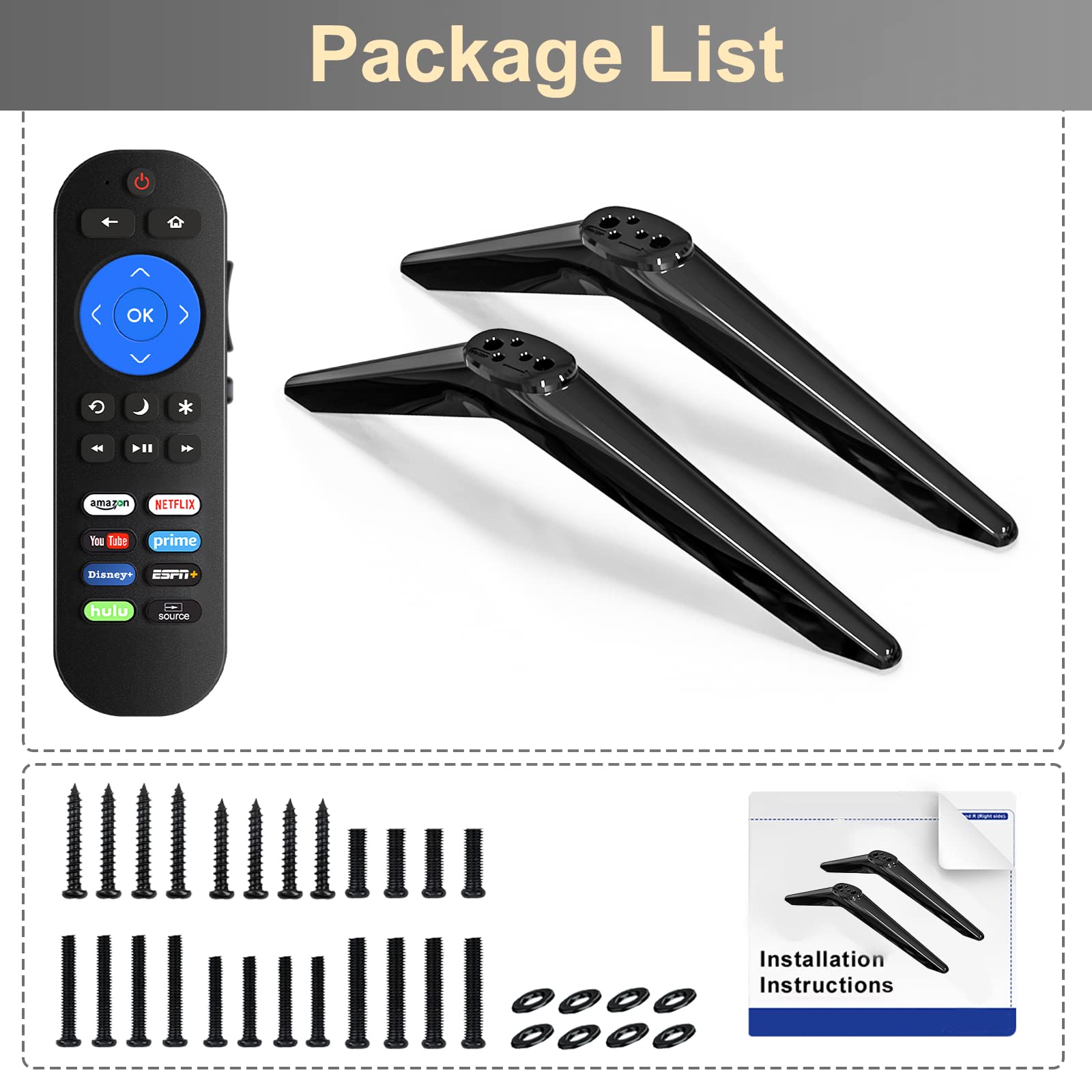 TV Base Stand and Remote Control Compatible with All TCL Roku TV, TV Stand Legs for TCL Roku TV Legs 28" 32" 40" 43" 49" 50" 55" TV, Remote for Roku Players and TCL Roku TVs