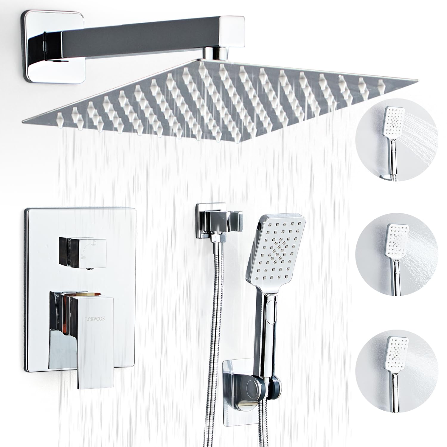 LCEVCGK Shower System, Shower Faucet Set Complete Square Rain Shower Combo Set with 8 inch Rainfall Shower Head System Bathroom Wall Mounted 3-Setting Handheld Shower,Chrome