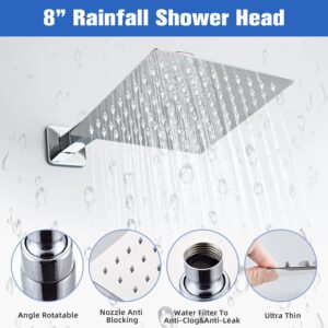 LCEVCGK Shower System, Shower Faucet Set Complete Square Rain Shower Combo Set with 8 inch Rainfall Shower Head System Bathroom Wall Mounted 3-Setting Handheld Shower,Chrome