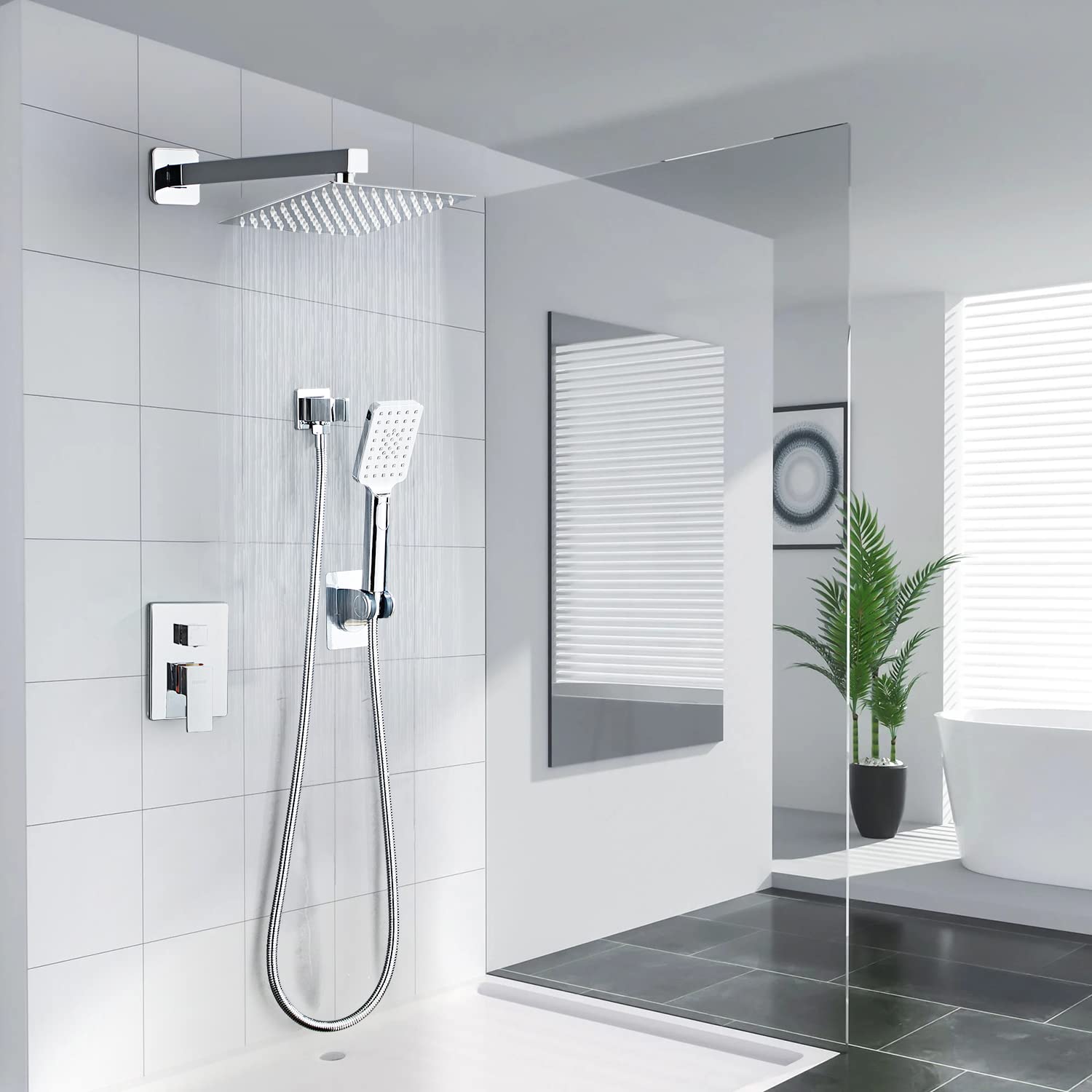 LCEVCGK Shower System, Shower Faucet Set Complete Square Rain Shower Combo Set with 8 inch Rainfall Shower Head System Bathroom Wall Mounted 3-Setting Handheld Shower,Chrome