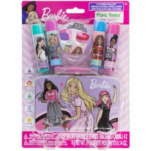 barbie – townley girl plant based 4 pk swirl lip balm with tin case makeup cosmetic set for kids and girls, ages 3+, perfect for parties, sleepovers & makeovers