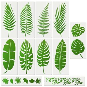 11pieces large leaf stencil 14” x 5.85”, palm fern leaf stencils for painting on walls nature tropical plant leaves paint stencils for furniture canvas home decor diy crafts (14” x 5.85”)