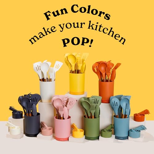 Silicone Kitchen Utensils Set & Holder: Cooking Utensils Set - Kitchen Essentials for New Home & 1st Apartment- Silicone Spatula Set, Cooking Spoons for Nonstick Cookware (Acacia Wood, Black)