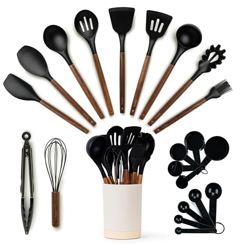 Silicone Kitchen Utensils Set & Holder: Cooking Utensils Set - Kitchen Essentials for New Home & 1st Apartment- Silicone Spatula Set, Cooking Spoons for Nonstick Cookware (Acacia Wood, Black)