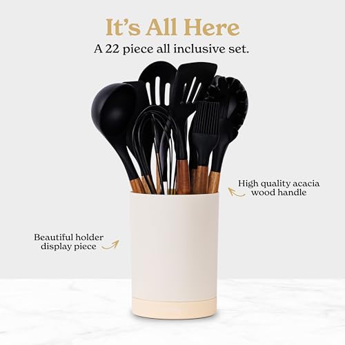 Silicone Kitchen Utensils Set & Holder: Cooking Utensils Set - Kitchen Essentials for New Home & 1st Apartment- Silicone Spatula Set, Cooking Spoons for Nonstick Cookware (Acacia Wood, Black)