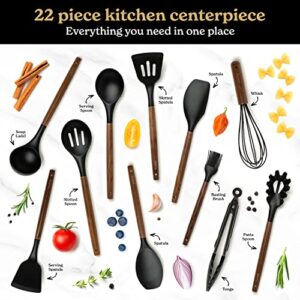 Silicone Kitchen Utensils Set & Holder: Cooking Utensils Set - Kitchen Essentials for New Home & 1st Apartment- Silicone Spatula Set, Cooking Spoons for Nonstick Cookware (Acacia Wood, Black)