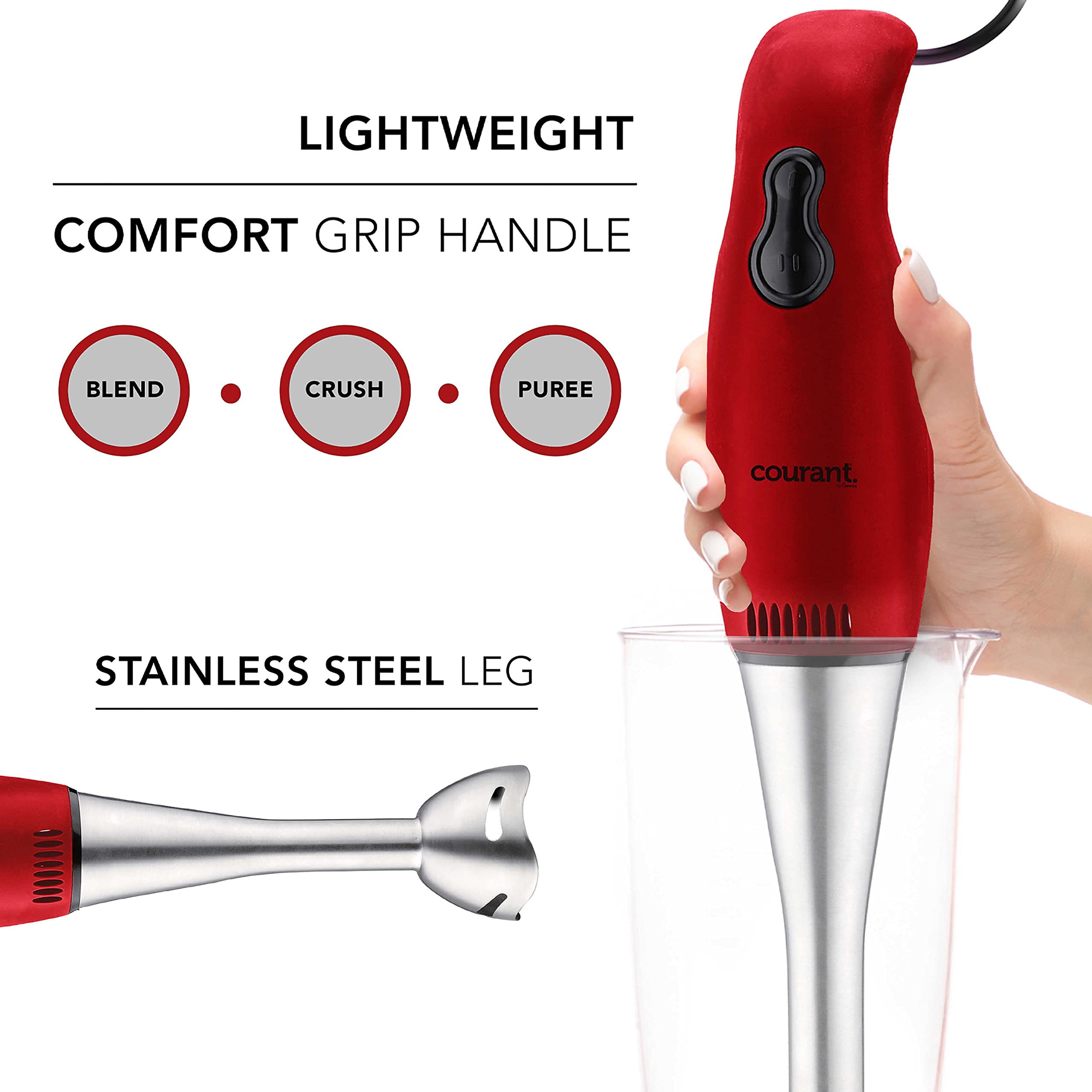 Courant 2-Speed Hand Blender w/ 200W, Stainless Steel Leg, Easy to Clean Stick Blender, Blends Purees, Smoothie, Crushes Ice - Red