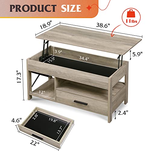 WLIVE Coffee Table, 39" Lift Top Coffee Table with Hidden Compartment and Sorage Drawers for Living Room,Grey