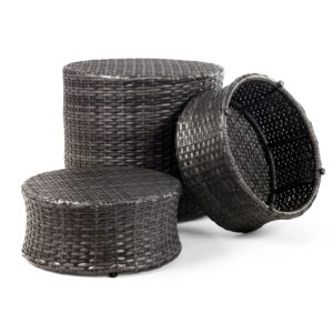 fruiteam resin wicker outdoor ottoman set of 2 and 1 pack wicker side table, storage basket for patio and room decor - perfect for balcony, deck and outdoor seating