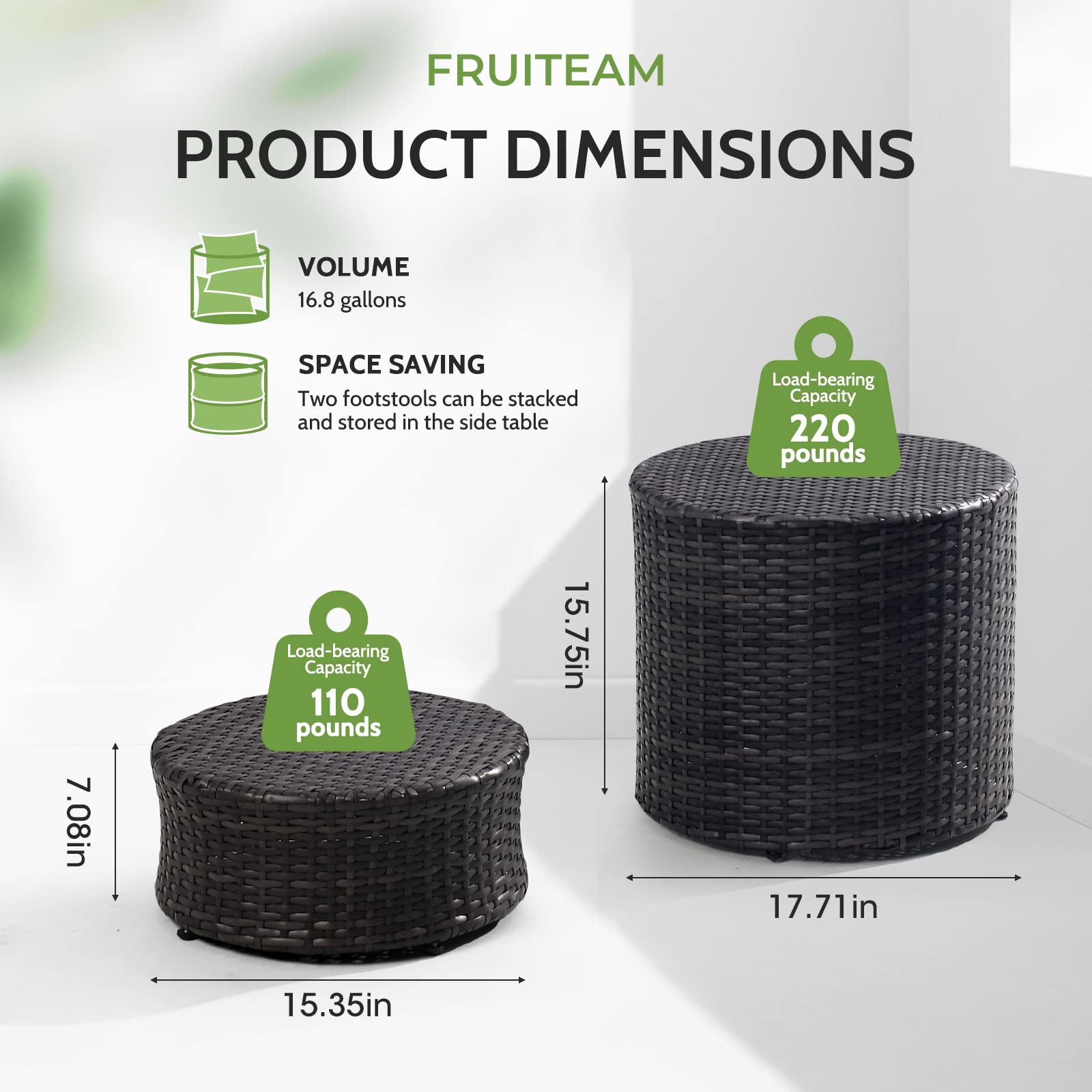 FRUITEAM Resin Wicker Outdoor Ottoman Set of 2 and 1 Pack Wicker Side Table, Storage Basket for Patio and Room Decor - Perfect for Balcony, Deck and Outdoor Seating