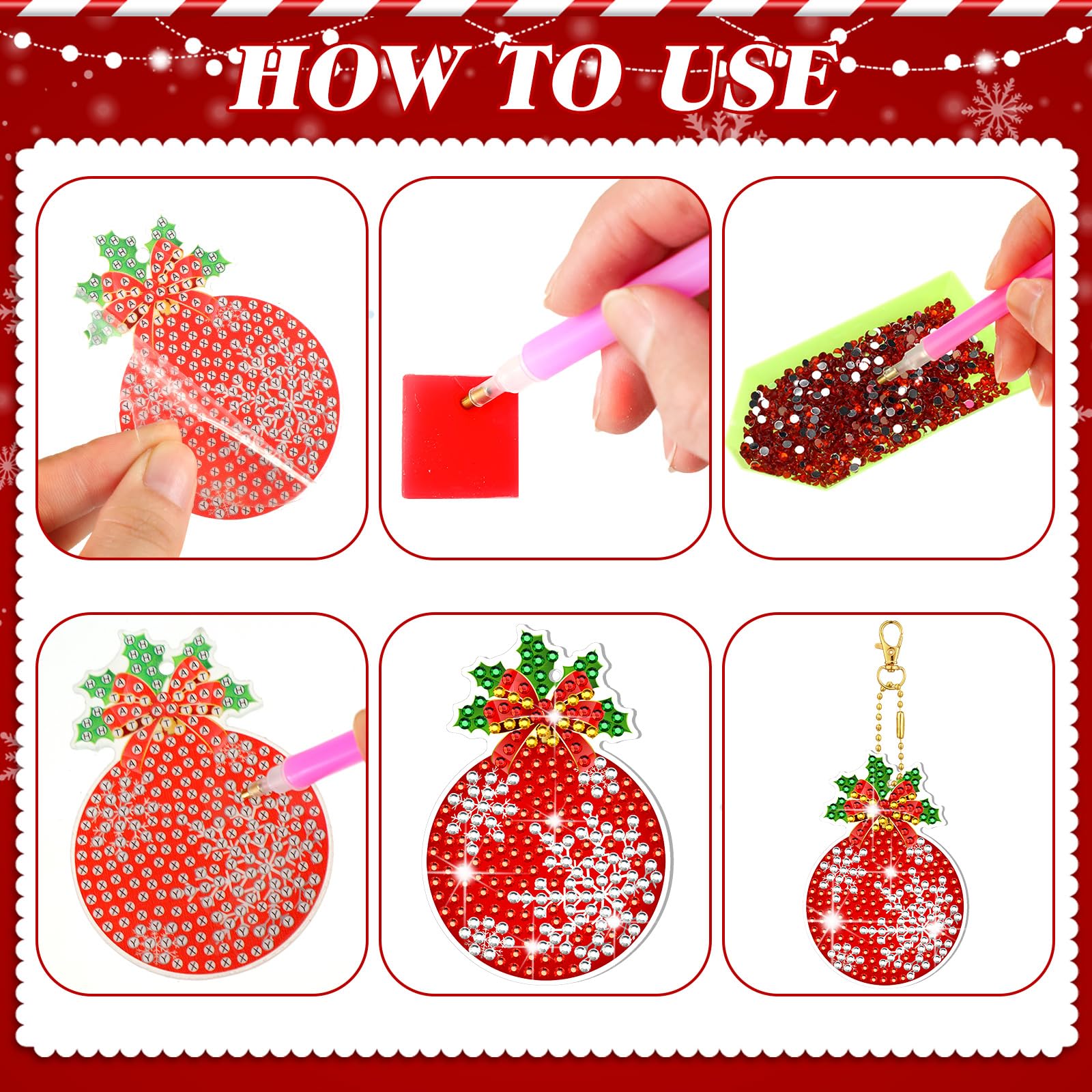 BBTO 15 Christmas Diamond Painted Keychains Art Ornaments 5D DIY Red Christmas Ball Patterns for Children's DIY Crafts