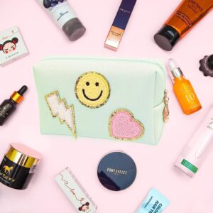 dark swan Preppy Makeup Bag Patch Smile Lightning Heart PU Leather Portable Waterproof Travel Makeup Bag Organizer Travel Accessories Makeup Bag Purse for Women Mint Green