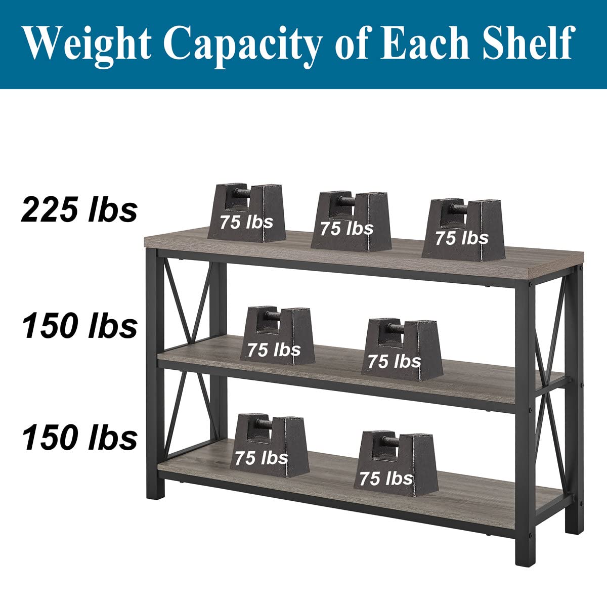 BON AUGURE Rustic Sofa Table Behind Couch, Industrial Console Tables for Entryway, 3 Tier Wood Shelves Entry Table with Storage for Foyer, Hallway, Front Door (47 Inch, Dark Grey Oak)