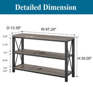 BON AUGURE Rustic Sofa Table Behind Couch, Industrial Console Tables for Entryway, 3 Tier Wood Shelves Entry Table with Storage for Foyer, Hallway, Front Door (47 Inch, Dark Grey Oak)