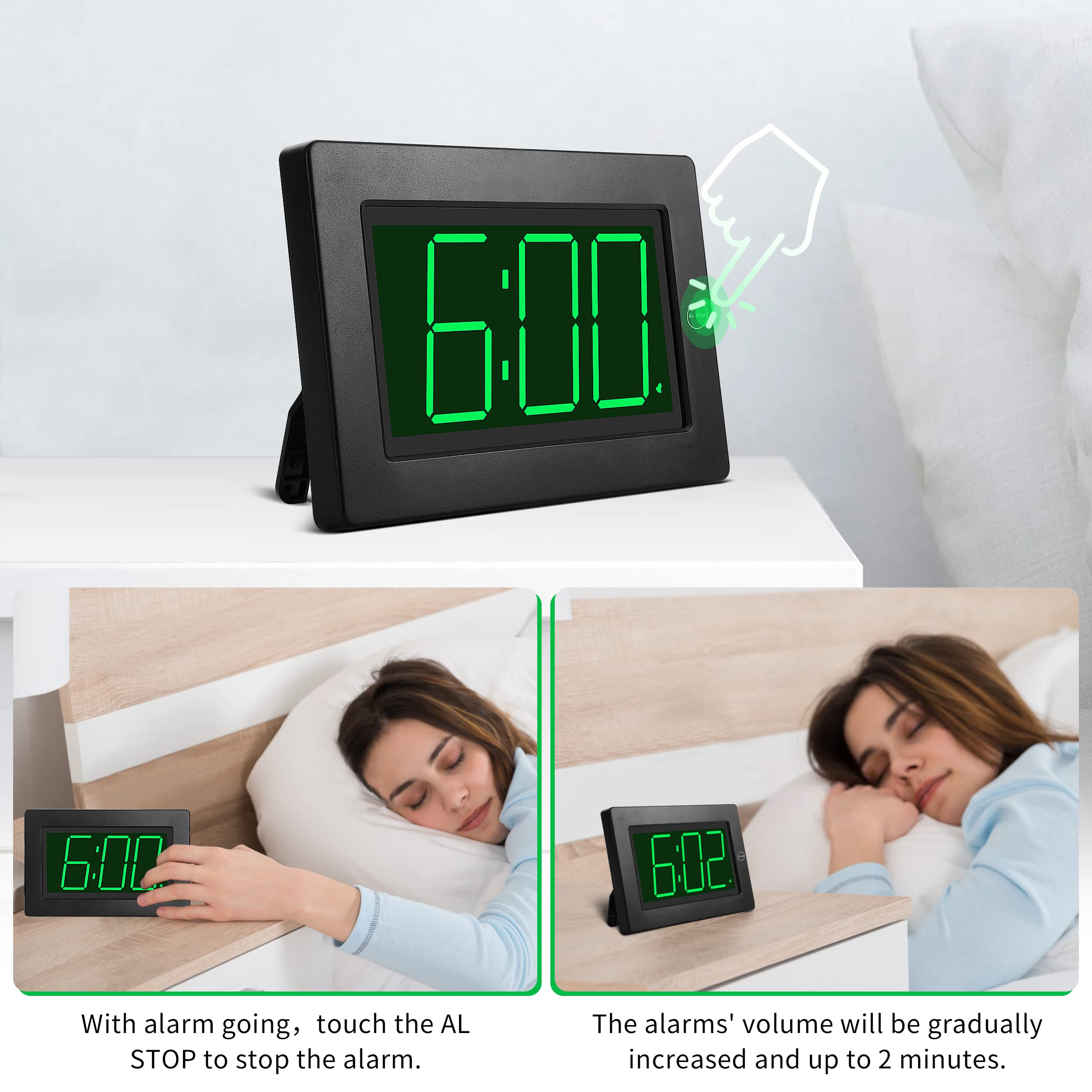 KWANWA Alarm Clock, Wall Clock, Digital Clock, 3" LED Digit Display, Battery Operated, Adjustable Brightness, Auto Night Mode, Auto Alarm Volume Increasing, Wall-Mount & Table-top