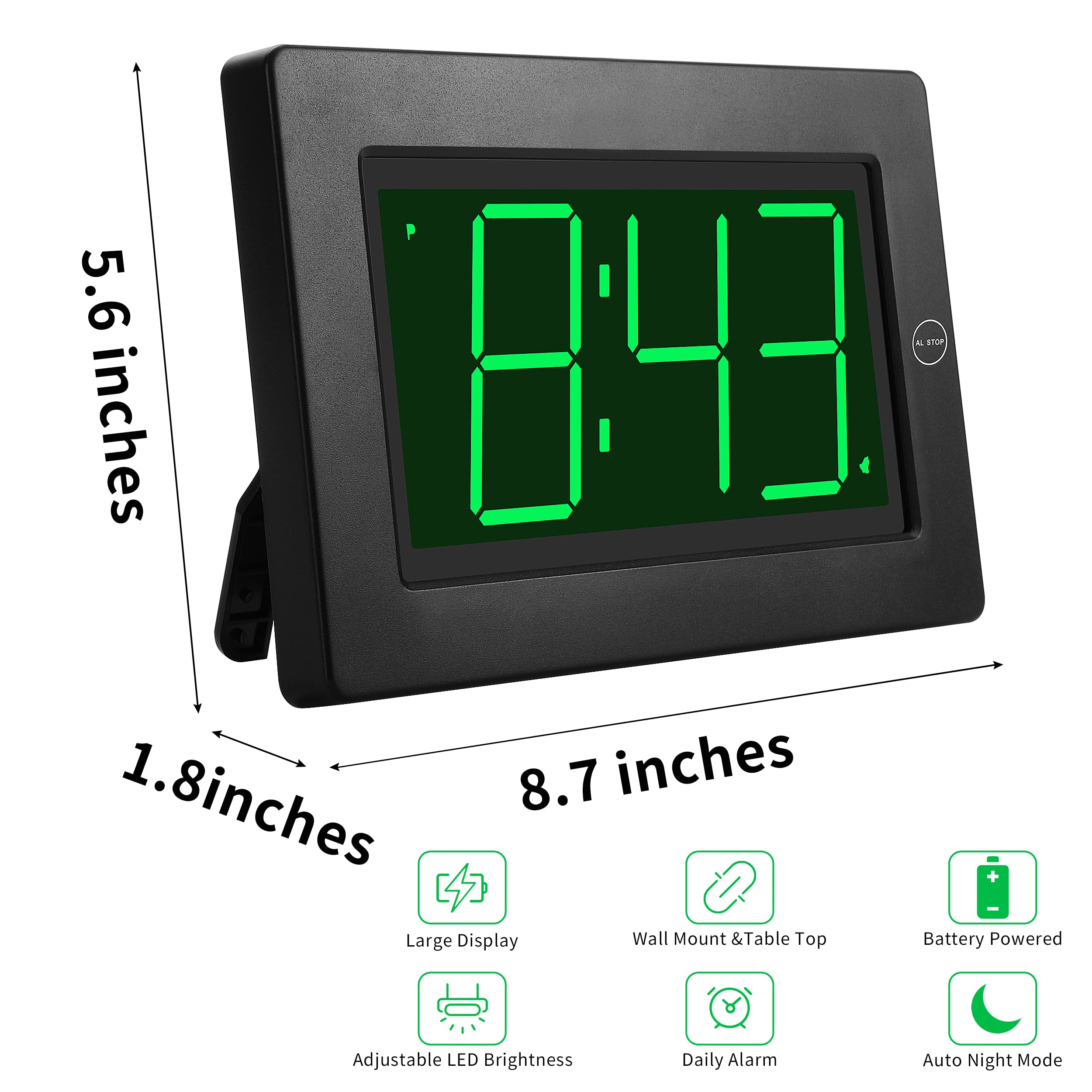 KWANWA Alarm Clock, Wall Clock, Digital Clock, 3" LED Digit Display, Battery Operated, Adjustable Brightness, Auto Night Mode, Auto Alarm Volume Increasing, Wall-Mount & Table-top