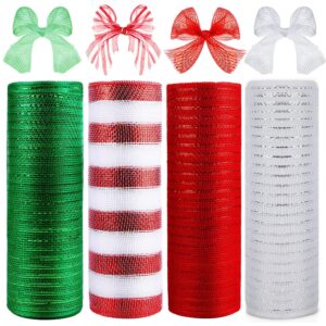 4 roll christmas poly mesh ribbon, 10 inch x 30 feet metallic poly mesh ribbon red green and white glitter foil mesh ribbon decorative mesh rolls for diy wreath crafts christmas party decoration