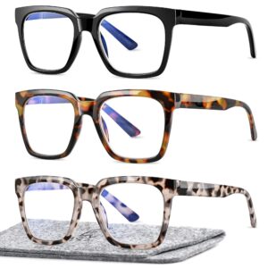 easy read 3 pairs reading glasses for women, squre computer blue light blocking anti uv readers with spring hinge (black/tortoise/grey, 2.50, multiplier_x)