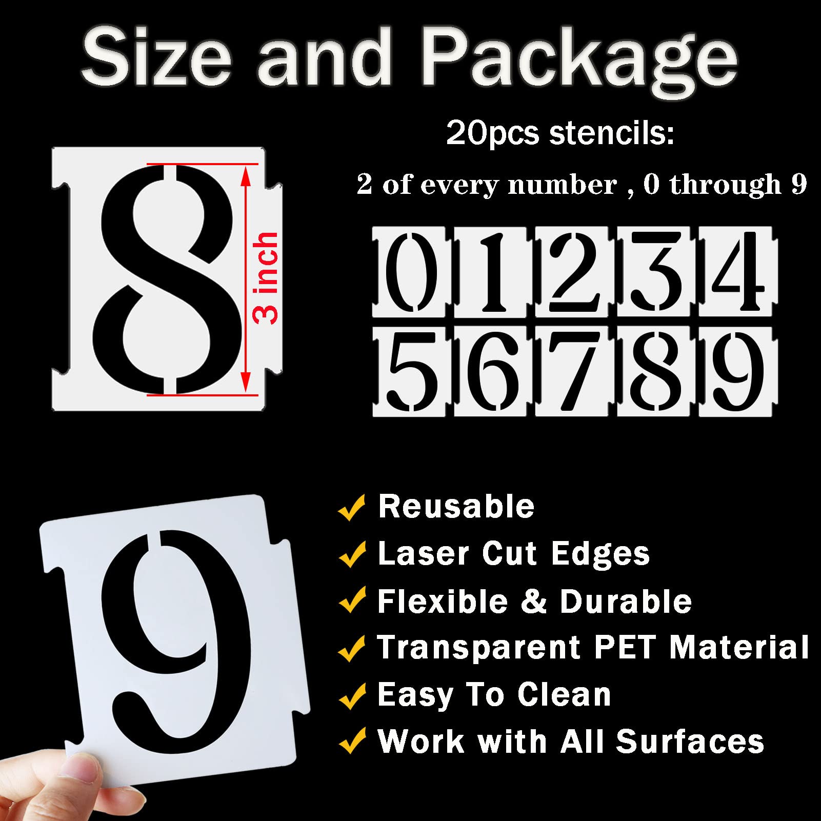 YEAJON 3 Inch Curb Stencil Kit 0-9 Address Number Stencil, 20Pcs Reusable 14 Mil Mylar Plastic Numbers Stencils for Painting on Road, Wall, Wood, Mailbox